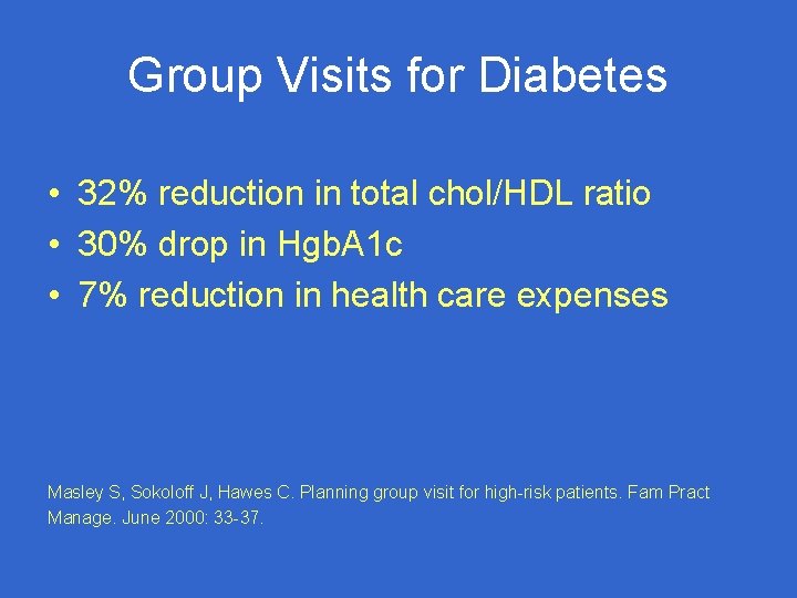 Group Visits for Diabetes • 32% reduction in total chol/HDL ratio • 30% drop