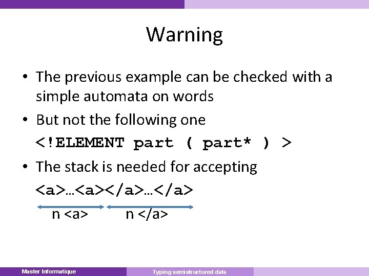 Warning • The previous example can be checked with a simple automata on words