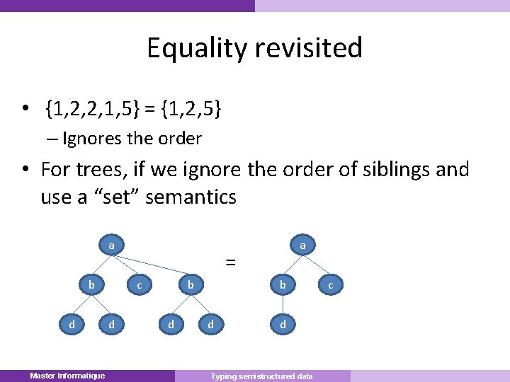 Equality revisited • {1, 2, 2, 1, 5} = {1, 2, 5} – Ignores