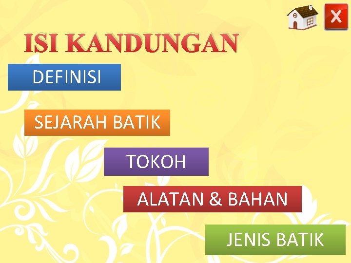 ISI KANDUNGAN DEFINISI SEJARAH BATIK TOKOH ALATAN & BAHAN JENIS BATIK 