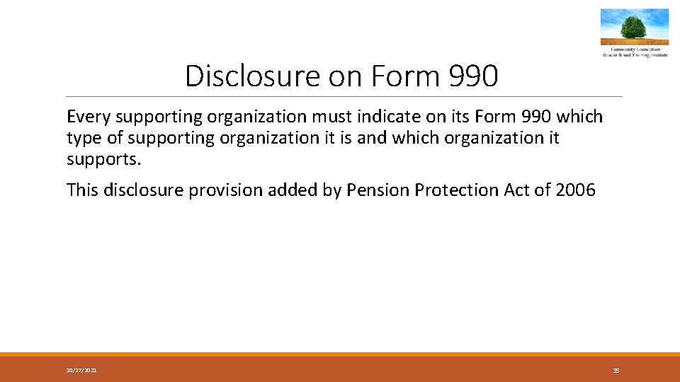 Disclosure on Form 990 Every supporting organization must indicate on its Form 990 which