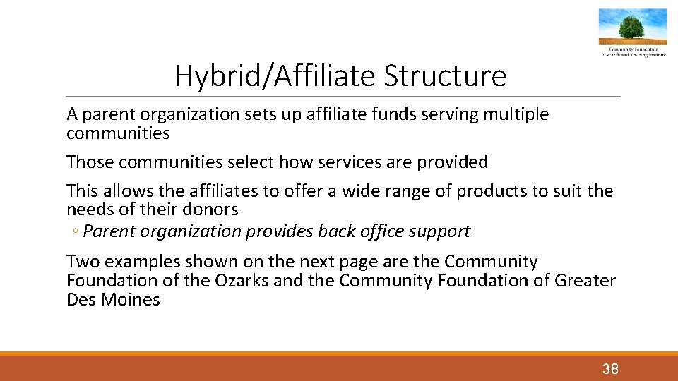 Hybrid/Affiliate Structure A parent organization sets up affiliate funds serving multiple communities Those communities