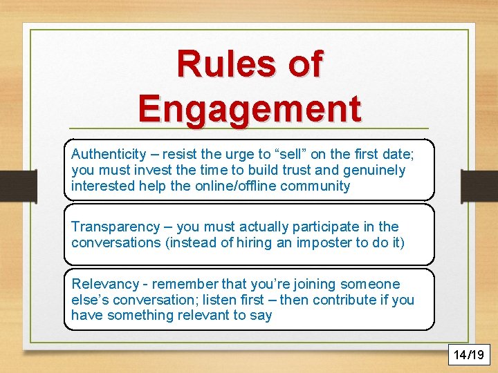 Rules of Engagement Authenticity – resist the urge to “sell” on the first date;