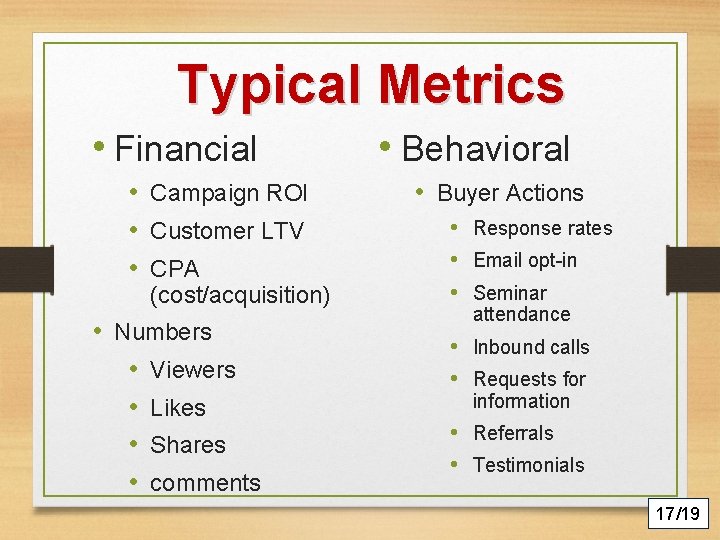 Typical Metrics • Financial • Campaign ROI • Customer LTV • CPA (cost/acquisition) •
