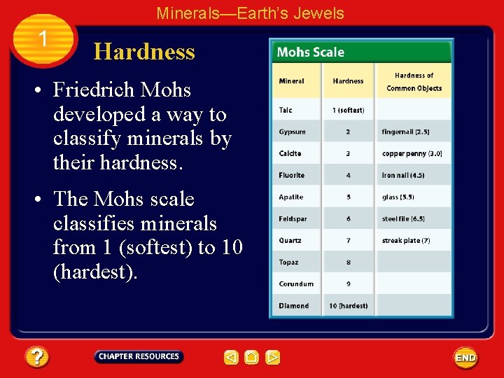 Minerals—Earth’s Jewels 1 Hardness • Friedrich Mohs developed a way to classify minerals by