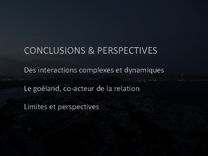CONCLUSIONS & PERSPECTIVES Des interactions complexes et dynamiques Le goéland, co-acteur de la relation