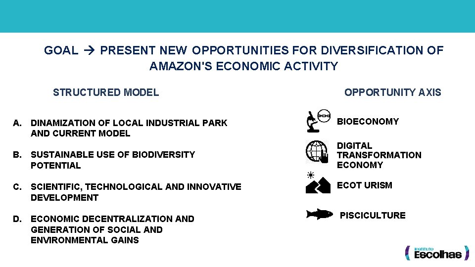 GOAL PRESENT NEW OPPORTUNITIES FOR DIVERSIFICATION OF AMAZON'S ECONOMIC ACTIVITY STRUCTURED MODEL A. DINAMIZATION