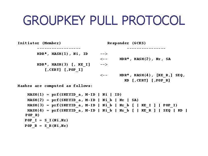 GROUPKEY PULL PROTOCOL Initiator (Member) ---------HDR*, HASH(1), Ni, ID HDR*, HASH(3) [, KE_I] [,