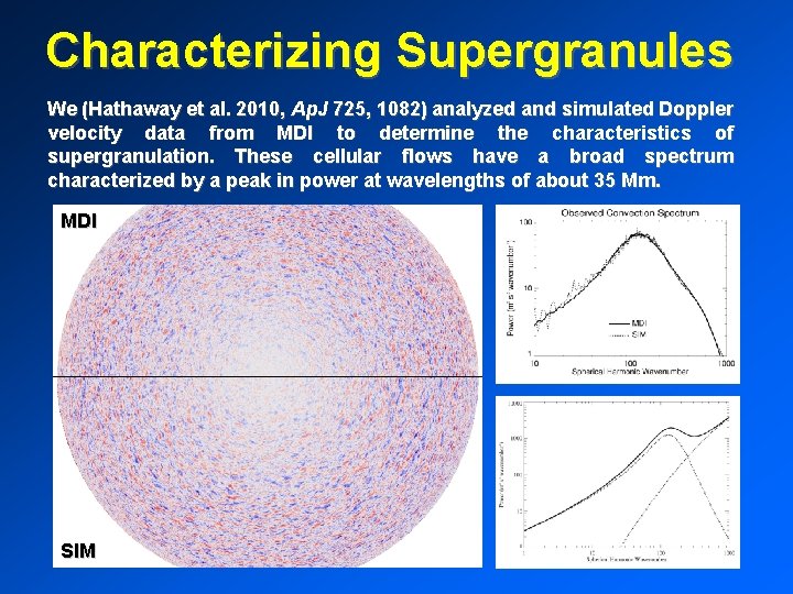Characterizing Supergranules We (Hathaway et al. 2010, Ap. J 725, 1082) analyzed and simulated