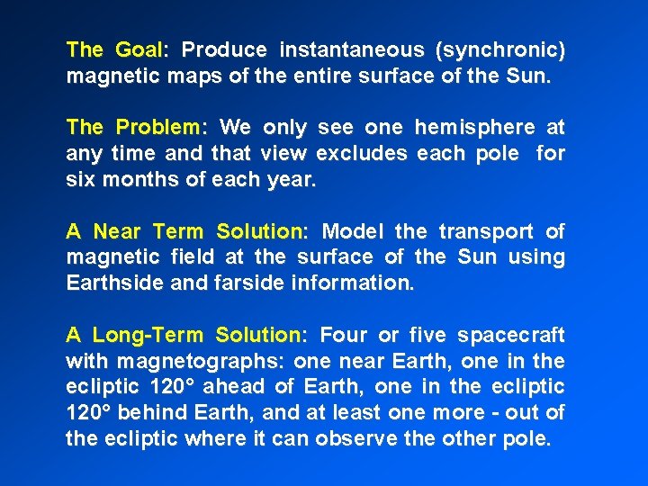 The Goal: Produce instantaneous (synchronic) magnetic maps of the entire surface of the Sun.