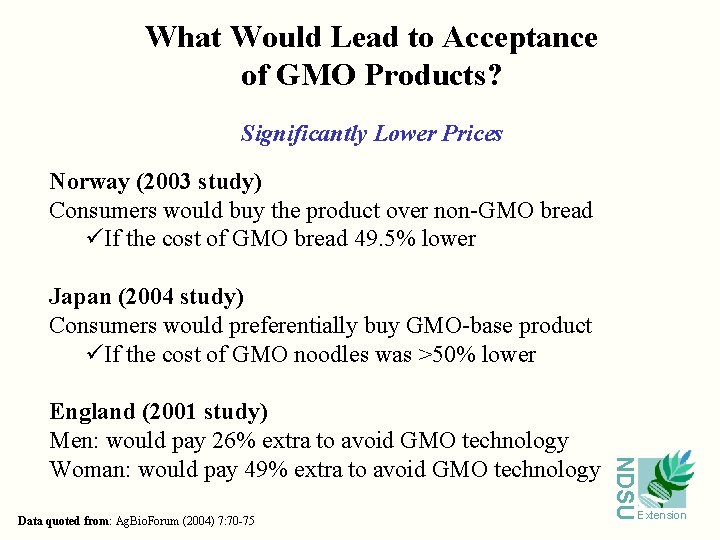 What Would Lead to Acceptance of GMO Products? Significantly Lower Prices Norway (2003 study)