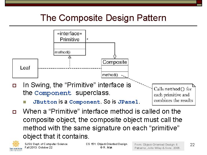 The Composite Design Pattern o In Swing, the “Primitive” interface is the Component superclass.