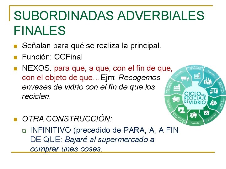 SUBORDINADAS ADVERBIALES FINALES n n Señalan para qué se realiza la principal. Función: CCFinal