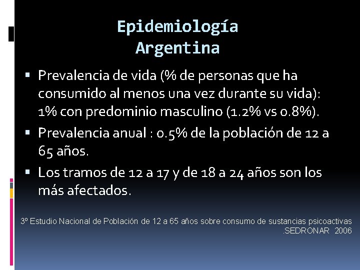 Epidemiología Argentina Prevalencia de vida (% de personas que ha consumido al menos una