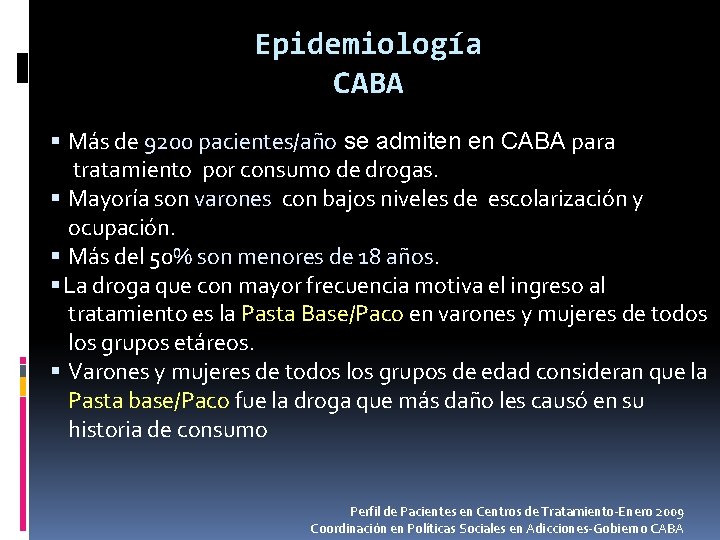 Epidemiología CABA Más de 9200 pacientes/año se admiten en CABA para tratamiento por consumo