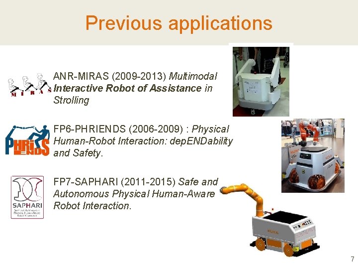 Previous applications ANR-MIRAS (2009 -2013) Multimodal Interactive Robot of Assistance in Strolling FP 6