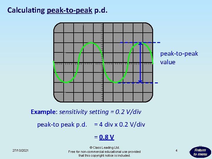 Calculating peak-to-peak p. d. peak-to-peak value Example: sensitivity setting = 0. 2 V/div peak-to