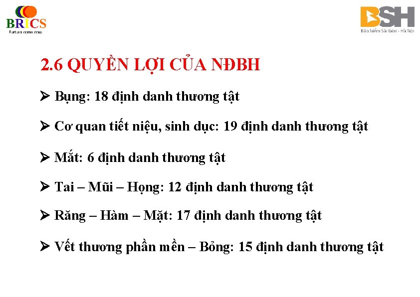 2. 6 QUYỀN LỢI CỦA NĐBH Bụng: 18 định danh thương tật Cơ quan