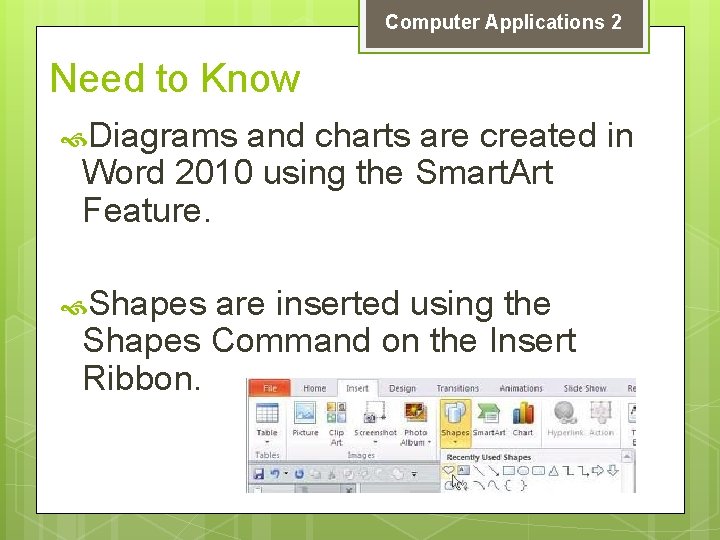 Computer Applications 2 Need to Know Diagrams and charts are created in Word 2010
