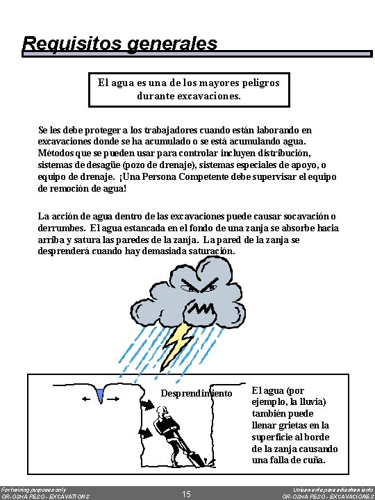 Requisitos generales El agua es una de los mayores peligros durante excavaciones. Se les