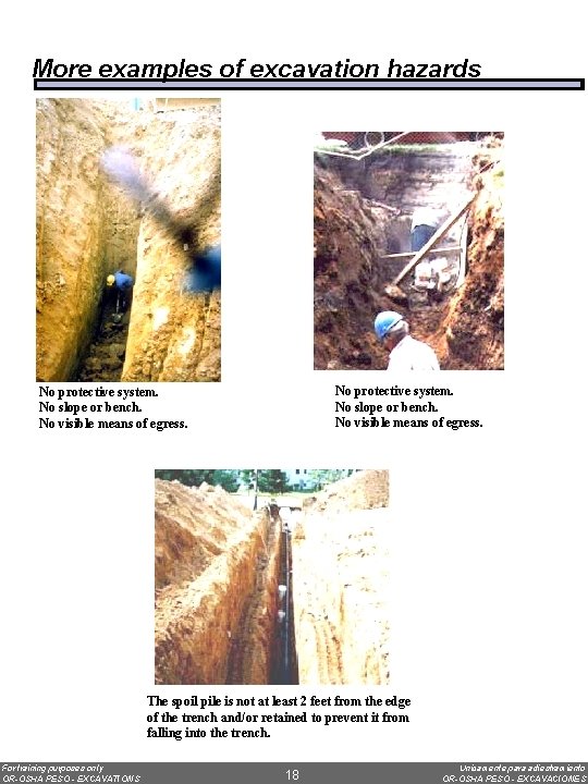 More examples of excavation hazards No protective system. No slope or bench. No visible