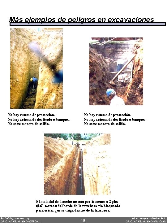 Más ejemplos de peligros en excavaciones No hay sistema de protección. No hay sistema