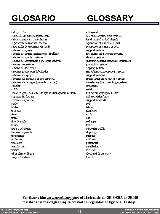 GLOSARIO GLOSSARY salvaguardar selección de sistemas protectores señales manuales o mecánicas separación de material