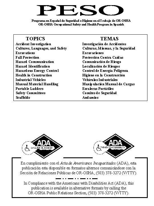 Programa en Español de Seguridad e Higiene en el Trabajo de OR-OSHA Occupational Safety