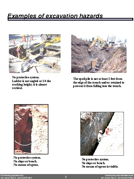 Examples of excavation hazards No protective system. Ladder is not angled at 1/4 the