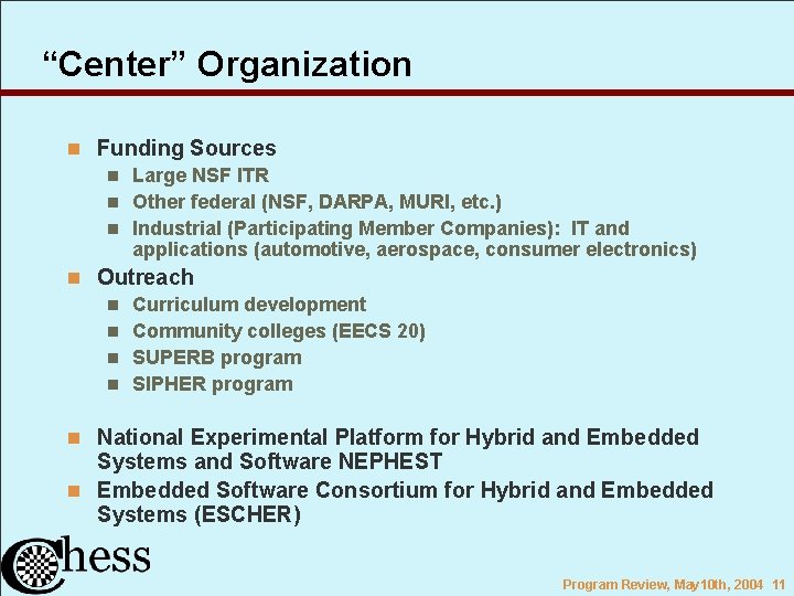 “Center” Organization n Funding Sources n Large NSF ITR n Other federal (NSF, DARPA,