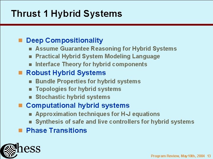 Thrust 1 Hybrid Systems n Deep Compositionality n Assume Guarantee Reasoning for Hybrid Systems