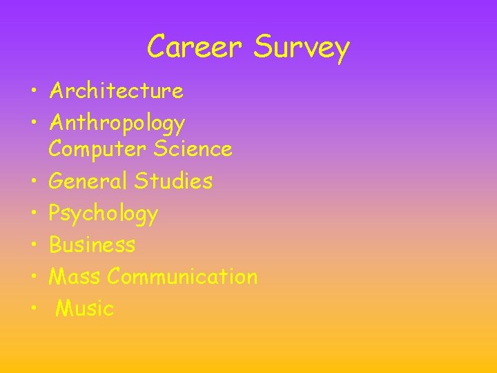 Career Survey • Architecture • Anthropology Computer Science • General Studies • Psychology • Career Survey • Architecture • Anthropology Computer Science • General Studies • Psychology •
