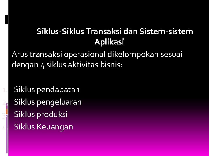 Siklus-Siklus Transaksi dan Sistem-sistem Aplikasi Arus transaksi operasional dikelompokan sesuai dengan 4 siklus aktivitas