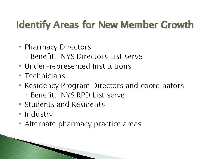 Identify Areas for New Member Growth Pharmacy Directors ◦ Benefit: NYS Directors List serve