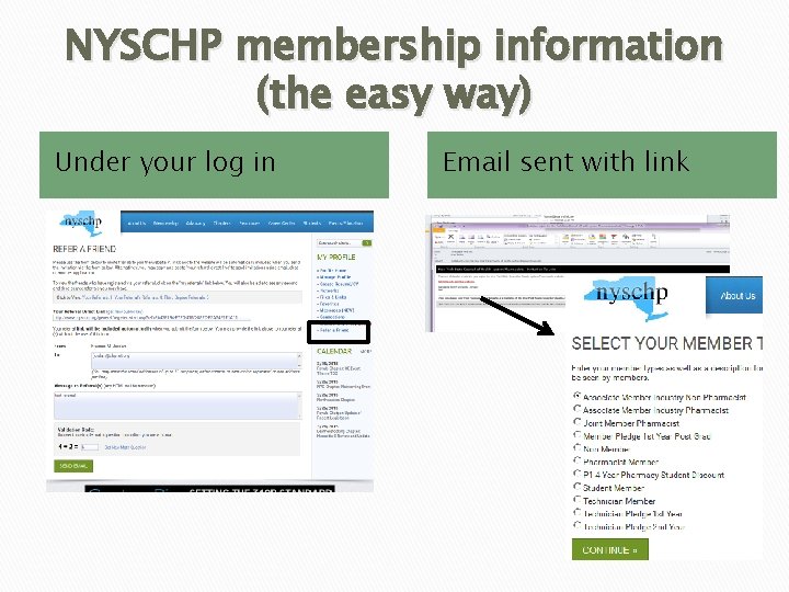 NYSCHP membership information (the easy way) Under your log in Email sent with link