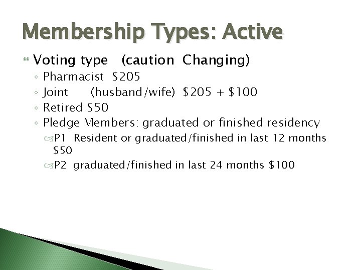 Membership Types: Active Voting type (caution Changing) ◦ ◦ Pharmacist $205 Joint (husband/wife) $205