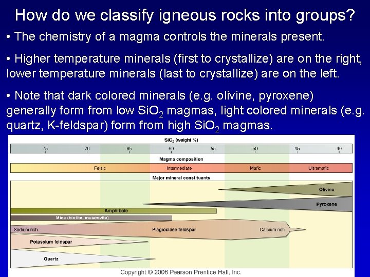 How do we classify igneous rocks into groups? • The chemistry of a magma