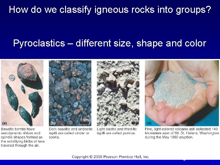 How do we classify igneous rocks into groups? Pyroclastics – different size, shape and