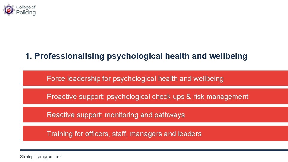 1. Professionalising psychological health and wellbeing Force leadership for psychological health and wellbeing Proactive