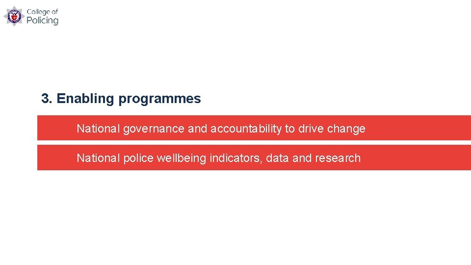 3. Enabling programmes National governance and accountability to drive change National police wellbeing indicators,