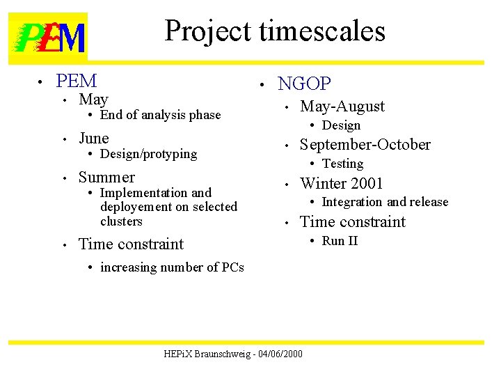 Project timescales • PEM • • • May • End of analysis phase June
