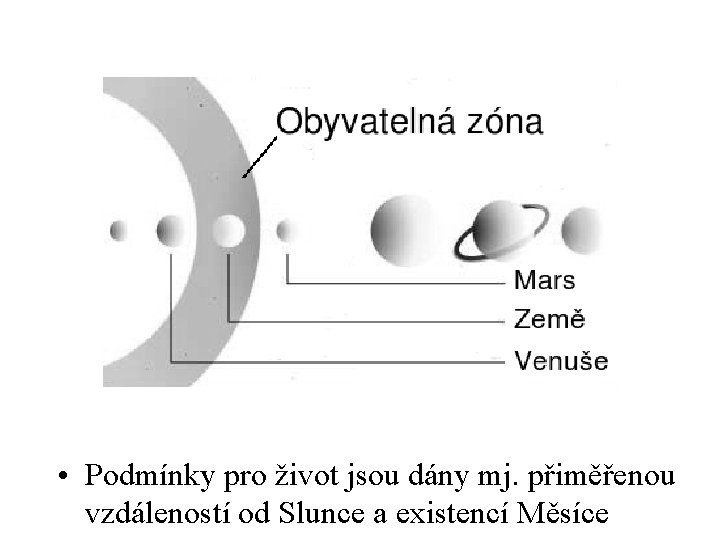  • Podmínky pro život jsou dány mj. přiměřenou vzdáleností od Slunce a existencí