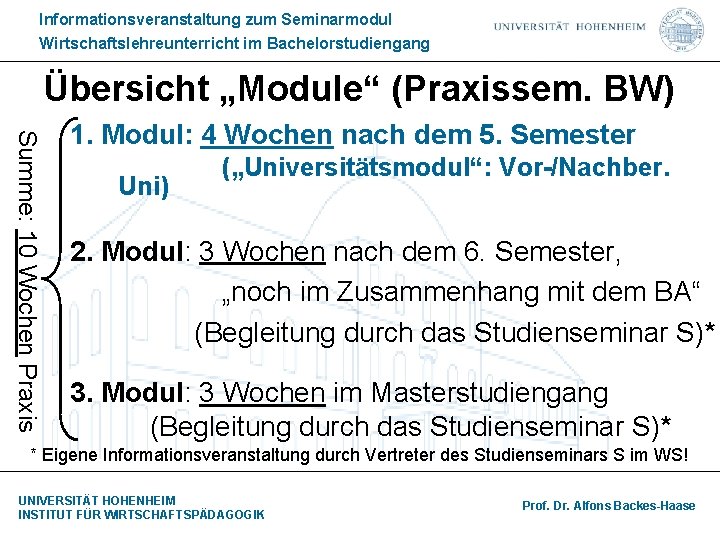 Informationsveranstaltung zum Seminarmodul Wirtschaftslehreunterricht im Bachelorstudiengang Übersicht „Module“ (Praxissem. BW) Summe: 10 Wochen Praxis