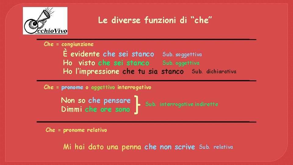 Le diverse funzioni di “che” Che = congiunzione È evidente che sei stanco Sub.