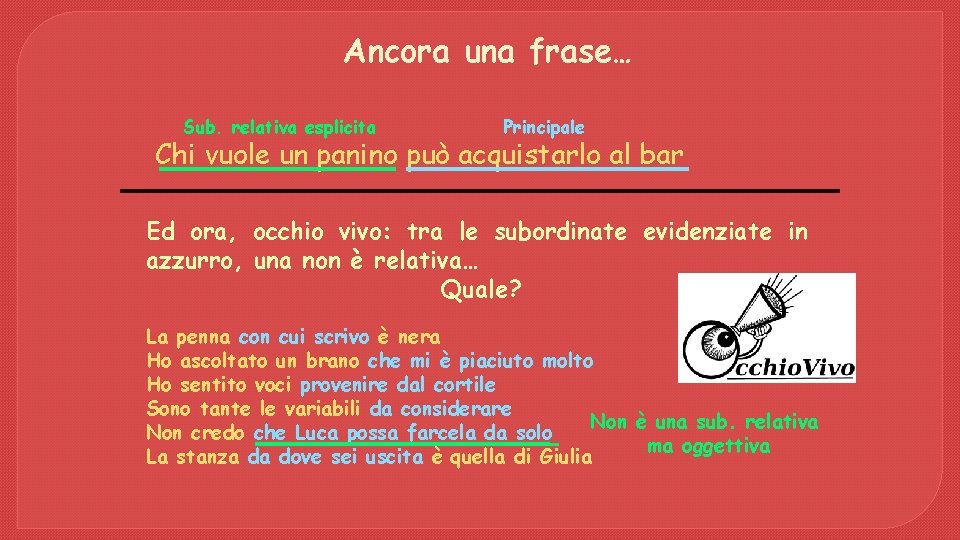 Ancora una frase… Sub. relativa esplicita Principale Chi vuole un panino può acquistarlo al