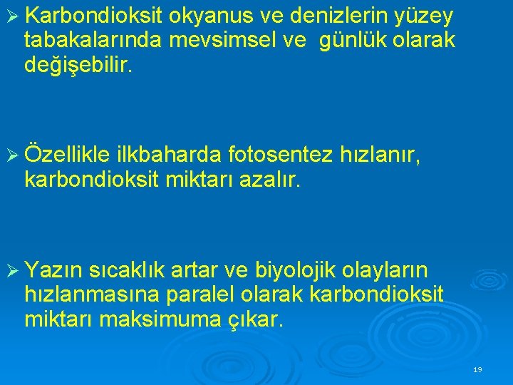 Ø Karbondioksit okyanus ve denizlerin yüzey tabakalarında mevsimsel ve günlük olarak değişebilir. Ø Özellikle