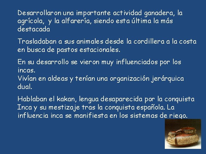 Desarrollaron una importante actividad ganadera, la agrícola, y la alfarería, siendo esta última la