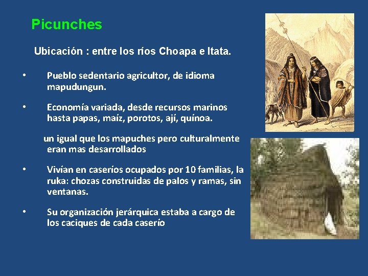 Picunches Ubicación : entre los ríos Choapa e Itata. • Pueblo sedentario agricultor, de