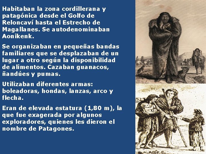 Habitaban la zona cordillerana y patagónica desde el Golfo de Reloncaví hasta el Estrecho