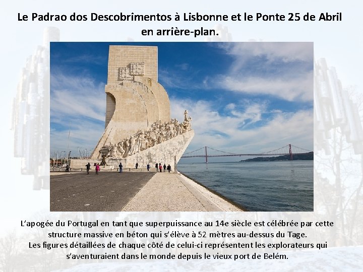 Le Padrao dos Descobrimentos à Lisbonne et le Ponte 25 de Abril en arrière-plan.